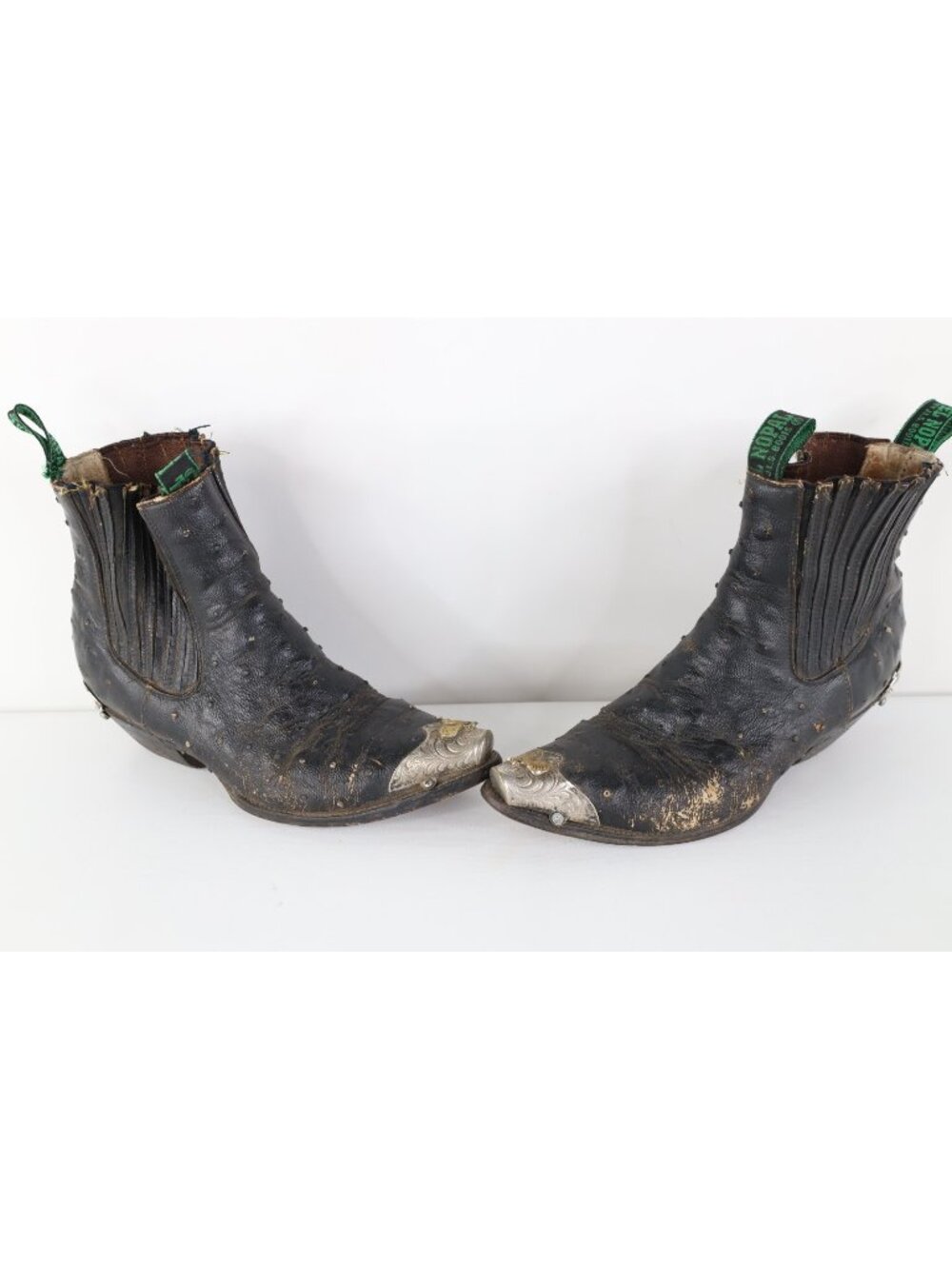 Vtg 90s Western Cowboy Mens 7.5 Ostrich Leather Rooster Metal Tip Boots Black